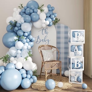 Dusty Blue Balloon Baby Shower Decorations for Boy, 132Pcs Blue Balloon Arch Garland Kit Baby Boxes with Letters for Boy Boho Baby Shower