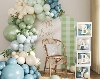 Decoraciones para baby shower con globos en azul polvoriento, verde salvia, 132 piezas, azul niebla, azul claro, verde, arena, blanco, kit de arco de guirnalda de globos, caja para bebé