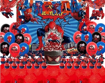 51PCS Spidey birthday party supplies, backdrop, "Happy Birthday" banner,tablecloth, large aluminum balloon, small aluminum balloons