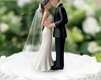 Elegant Bride & Groom Wedding Cake Topper With Veil 4.3" - Anniversary, Bridal Shower, Engagement Party Decoration