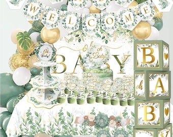 Sage Green Baby Shower Decorations - 172pcs Gender Neutral Baby Shower Decorations Boho Greenery Party Supplies with Oh Baby Backdrop