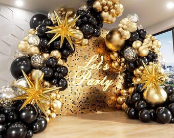 Black and Gold Balloons Garland Arch Kit,5 10 12 18inch Black Gold Confetti Latex Balloons for 2025 Graduation New Year Anniversary Birthday