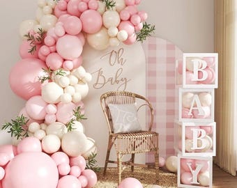 Pink Balloon Arch Garland Kit, 132Pcs Pink Baby Shower Decorations for Girl Baby Boxes with Letters for Boho Baby Shower Birthday