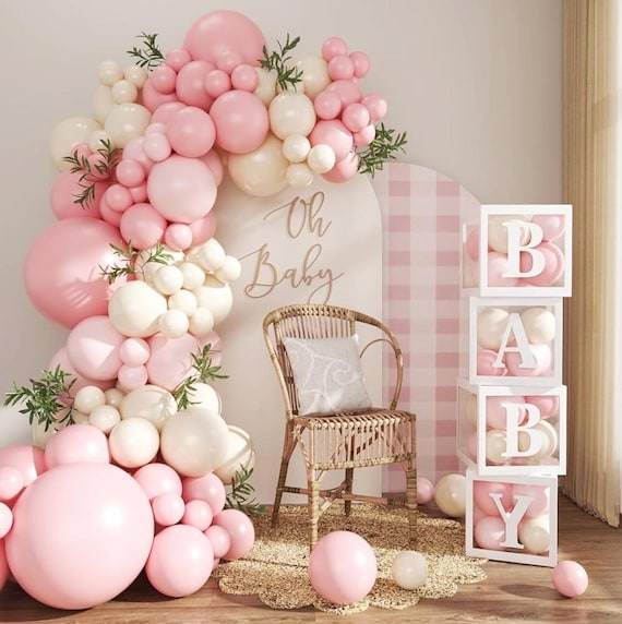 Pink Balloon Arch Garland Kit, 132Pcs Pink Baby Shower Decorations for Girl Baby Boxes with Letters for Boho Baby Shower Birthday