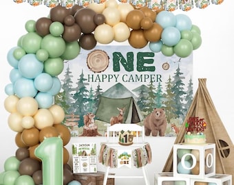 One Happy Camper Birthday Decorations, First Birthday Decorations,Camping 1st Birthday Party Decor, Green Backdrop Balloon Banner First Bday