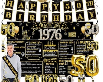 50th Birthday Decorations for Men Women, 21pcs the Year 1976 Banner Balloon Party Supplies, Black Gold 50 Year Old Birthday Backdrop