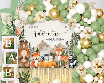 140 st. dekorationer till babyshowern i skogsmark, låt äventyret börja, babyshowertillbehör till berg, salviagrönt ballonggirlangkit