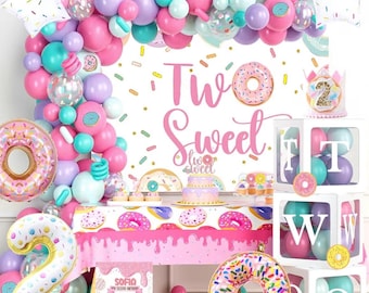 134 PCs Two Sweet Party Decorations Donut Second Birthday Party Decorations, Includes Latex & Foil Balloons, Backdrop, Banner, Cake Toppers