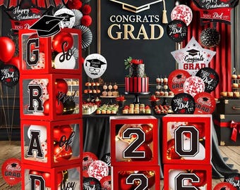 Graduation Decorations Class of 2026 - Red and Black Graduation Decorations - Balloons Boxes with Letters 2026 GRAD So Proud of You,Congrats