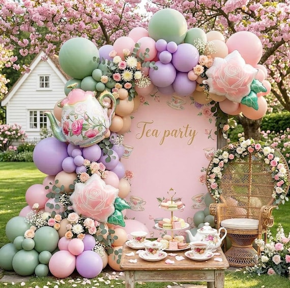 Tea Party Balloon Garland Kit 150Pcs,Pink Sage Green Pastel Purple Balloons with Teapot & Floral Foil ,Garden Party Decorations, Baby Shower
