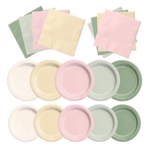 Decoraciones de cumpleaños en rosa y verde: kit de 60 platos y servilletas en rosa empolvado y verde salvia para baby shower, despedida de soltera y boda.