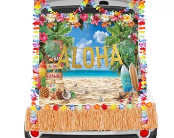 Hawaiianskt bagageutrymme eller godis Aloha-bildekorationsset Halloween-bilvalv, garagedekoration med hawaiisk bakgrund, Aloha-banderoll, bordskjol