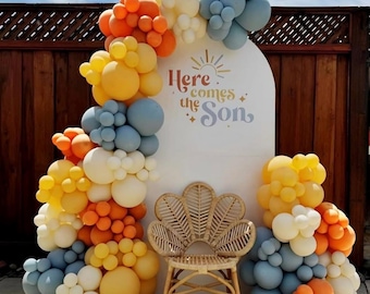 Here Comes the Son Balloon Arch Garland Kit 152Pcs Boho Retro Dusty Blue Burnt Orange Mustard Yellow Balloons for Baby Boy Shower First Trip