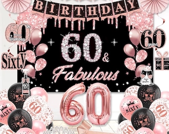 60th Birthday Decorations for Women, 60th Birthday Party Supplies Set Black Rose Gold 43pcs, Crown and Sash Backdrop Balloon Banner Hanging