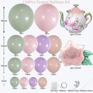 K&ouml;nnte beinhalten: Ein 150-teiliges Teekannen-Ballon-Set mit pastellfarbenen Ballons in Gr&uuml;n, Rosa, Lila und Pfirsich, von 12,7 cm bis 45,7 cm. Enth&auml;lt eine Teekanne und rosenf&ouml;rmige Folienballons sowie Zubeh&ouml;r.