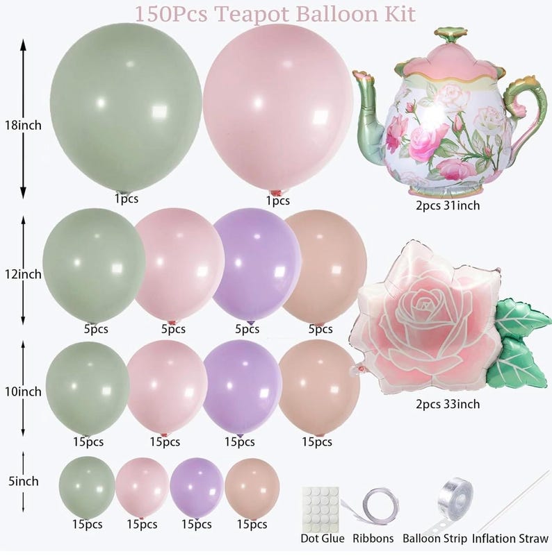 K&ouml;nnte beinhalten: Ein 150-teiliges Teekannen-Ballon-Set mit pastellfarbenen Ballons in Gr&uuml;n, Rosa, Lila und Pfirsich, von 12,7 cm bis 45,7 cm. Enth&auml;lt eine Teekanne und rosenf&ouml;rmige Folienballons sowie Zubeh&ouml;r.