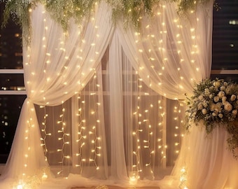 Cortina de fondo de tul blanco con luces para fiestas, 3 x 2,4 m (10 x 8 pies), cortinas transparentes blancas para bodas y baby showers.