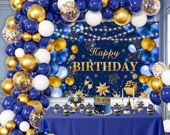 Blue and Gold Happy Birthday Decorations for Men,Birthday Banner, 70pcs Balloons, Backdrop,Balloon Arch Supplies for Boy