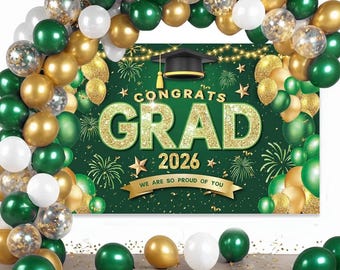 Green and Gold Graduation Decorations Class of 2026 Banner with Balloons Arch Kit Set - Large 2026 Graduation Backdrop Decor, Green Balloons