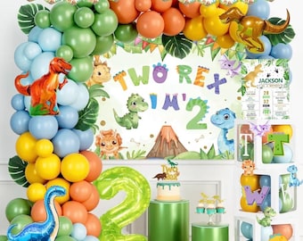 Födelsedagsdekorationer för pojkar, 2-årsdekorationer för pojkar, Dinosauriefestdekorationer för 2 år, Dinosaurietema bakgrund, ballongbanderoll