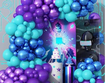 Kit de arco de guirnalda de globos negros, morados y azules, kit de arco de globos metálicos azul, morado, verde azulado y negros, globo metálico para cumpleaños de videojuegos