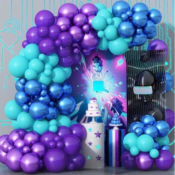 Black Purple Blue Balloon Arch Kit,Teal Balloon Garland With Star Foil Balloons For Kids Video Game Baby Shower Engagement Party Decorations