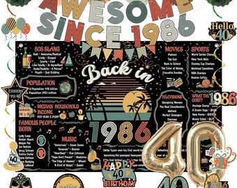 40th Birthday Decorations Men Women, Colorful Vintage Back in 1986 Poster Cheers To 40 Years Banner Balloons Hanging Swirls Cake Topper
