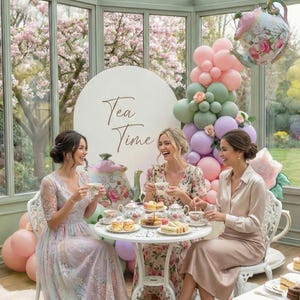 K&ouml;nnte beinhalten: Drei Frauen sitzen an einem wei&szlig;en Tisch und genie&szlig;en eine Teeparty. Auf dem Tisch befinden sich Teetassen und Geb&auml;ck. Eine Ballon-Arrangement und ein ballonf&ouml;rmiger Teekessel schm&uuml;cken die Szene. Im Hintergrund steht "Tea Time".