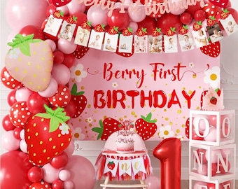 Berry Baby Girl 1st Birthday Decor, Strawberry First Birthday Decorations for Girls with Balloon Arch, Party Backdrop, High Chair Banner