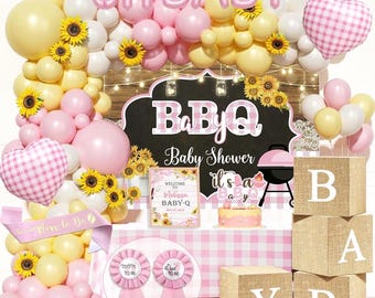 Baby Q Baby Shower Decorations for Girls, 124 PCs - Pink BBQ Baby Shower Party Supplies with Backdrop, Balloon Garland, Gingham Tablecloth