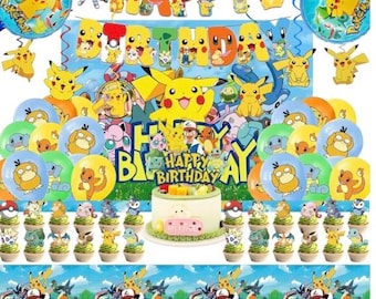 48PCS anime Birthday Party Supplies: 1*"Happy Birthday" Banner, 6Hanging Swirls, 1Tablecloth, 1Backdrop, 1Cake Topper, Balloons