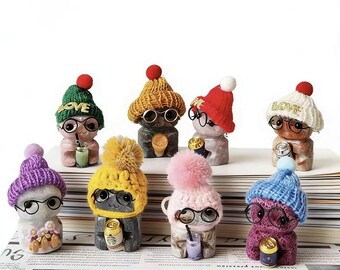 Handmade Crystal Elf Figurines with Knit Hats — Cute Mini Decor, Gift for Friends, Bubble Tea & Coffee Accessories