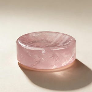 Puede incluir: Un cuenco de cuarzo rosa de forma circular. El cuenco es de color rosa pálido y tiene una superficie lisa y pulida. Está diseñado para guardar objetos pequeños, como joyas o cristales. Diámetro aproximado de 7 cm.