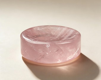 Natural Rose Quartz Small Dish, Crystal Trinket Tray for Jewelry, Mini Sphere Base & Desktop Decor