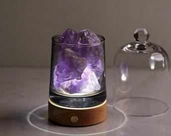 Rechargeable or Plug-in Crystal Aroma Lamp | LED Night Light with Glass Dome  Wood Base | 6 Color Stones | Stepless Dimming