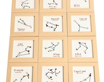 Zodiac Sign Crystal Constellation Frame – 12 Horoscope Raw Stone Art Decor | Natural Crystal Star Sign Desk Decoration | Astrology Gift