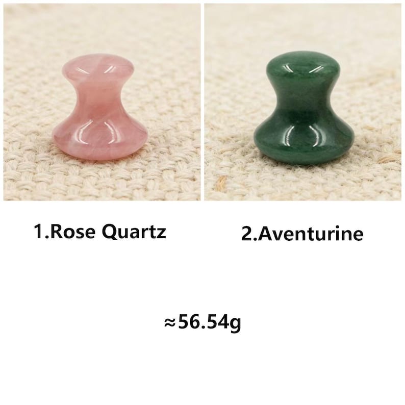 May include: Two gemstone massage tools: a pink Rose Quartz and a green Aventurine. The Rose Quartz is on the left, and the Aventurine is on the right. The approximate weight is 56.54 grams.