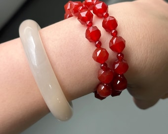 Natural Red Agate Double Wrap Bracelet, Faceted Red Agate Beads, 16–17cm Wrist, Handmade Urban Vintage Gemstone Jewelry