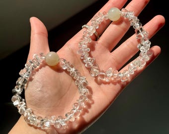 Handmade Natural White Crystal + S925 + Moonstone Bracelet, 2pcs Set + Loose Beads
