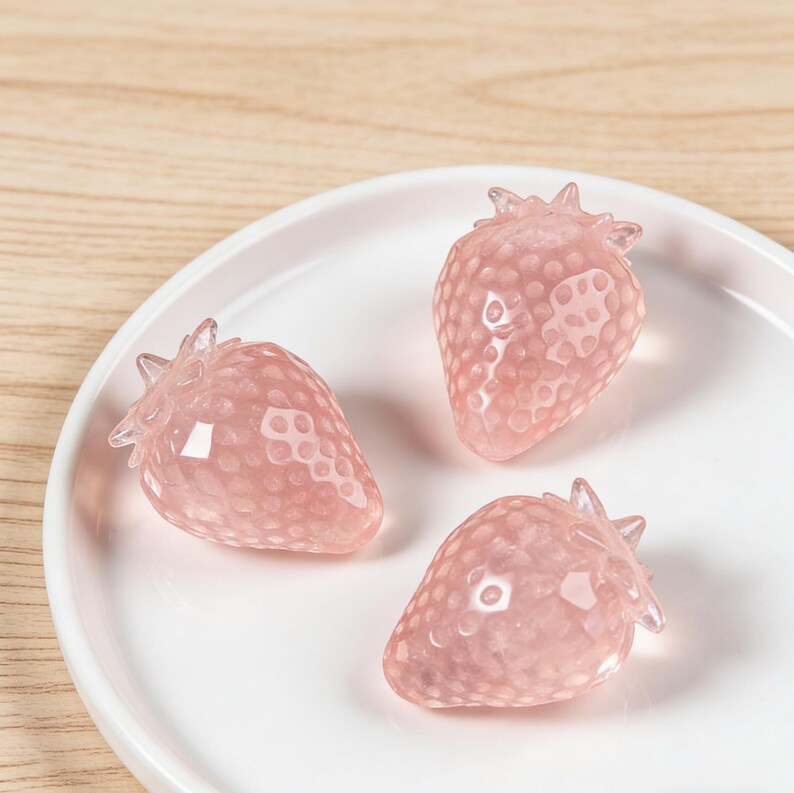 Pink Strawberry Crystal Decor, Cute Healing Stone Ornament, Aesthetic Desk Decor, Gift for Her, Sweet Fruit Figurine, Mini Collectible image 6