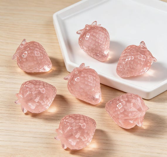 Pink Strawberry Crystal Decor, Cute Healing Stone Ornament, Aesthetic Desk Decor, Gift for Her, Sweet Fruit Figurine, Mini Collectible