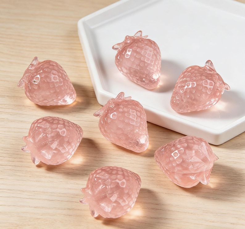 Pink Strawberry Crystal Decor, Cute Healing Stone Ornament, Aesthetic Desk Decor, Gift for Her, Sweet Fruit Figurine, Mini Collectible image 1