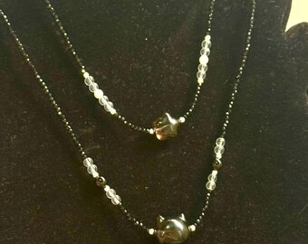 Natural Spinel & Smoky Quartz Necklace, Star or Cat Pendant Choker, Minimalist Crystal Necklace, Handmade Gift for Women