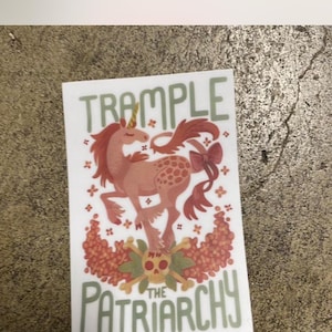 May include: A sticker with the text "TRAMPLE THE PATRIARCHY" and a cartoon unicorn. The unicorn is pink with a golden horn and a red bow. The design includes red flowers and a skull.