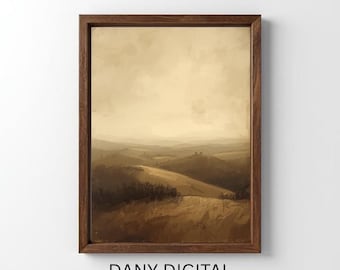 Vintage Countryside Landscape Print, Neutral Farm Hills Artwork (Digital Download)