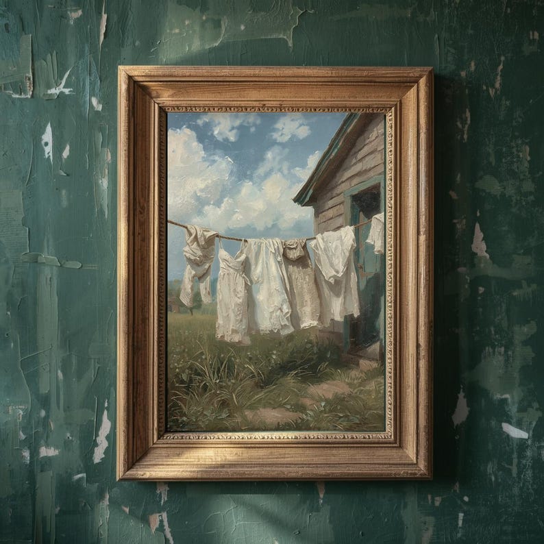 May include: A framed painting showing white laundry hanging on a washing line in front of a small wooden building. The sky is blue with fluffy white clouds. The painting is in a gold-coloured frame.