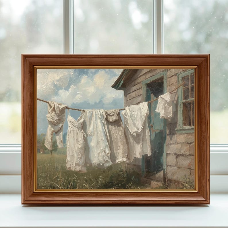 May include: A framed painting showing white garments hanging on a washing line. The artwork features a rustic building with a blue door and window. The sky is blue with white clouds, and the scene is set in a grassy field.