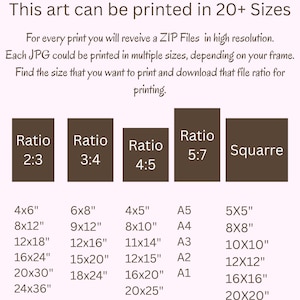 May include: A digital art print size guide with the text "Dany Digital" at the top. The guide lists various print ratios and sizes, including 10x15 cm, 20x30 cm, and 30x45 cm, with the text "This art can be printed in 20+ Sizes".