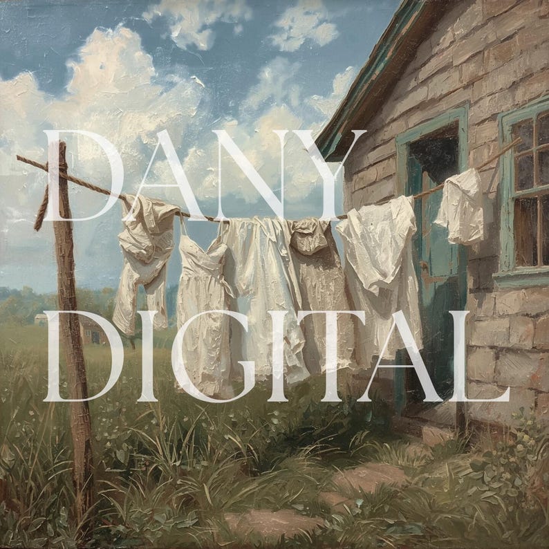 May include: An oil painting shows white laundry hanging on a washing line in front of a weathered wooden building. The sky is blue with fluffy white clouds. The scene evokes a sense of rural life and domesticity.