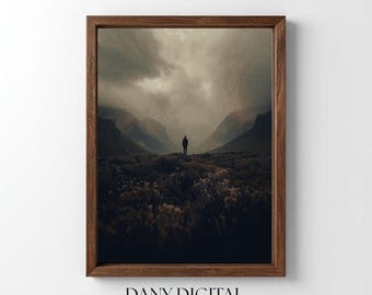 Moody Mountain Landscape Print, Lone Figure Atmospheric Wall Art (Digital Download)